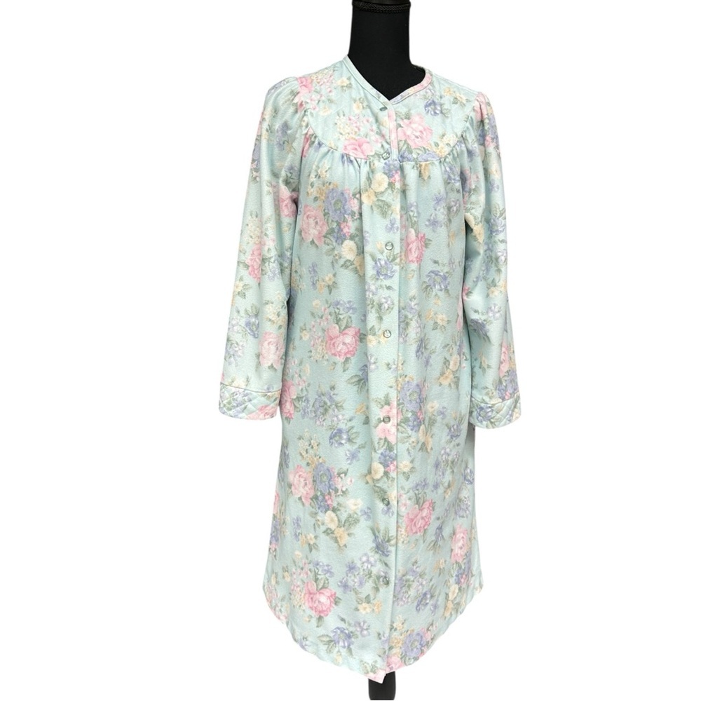 Carriage Court Blue Floral Button Front Nightgown Petite Cozy Flannel House Robe